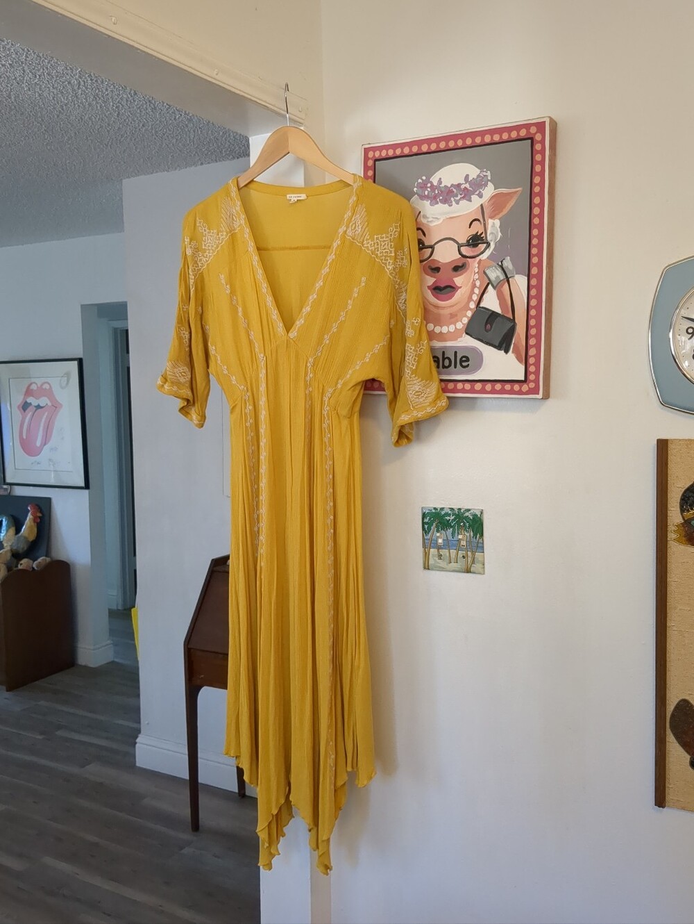 EN CREME Embroidered Boho Deep V Hanky Hem Midi Dress Women S Mustard Yellow